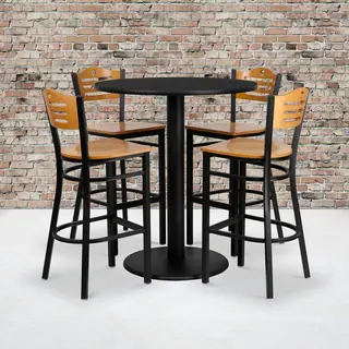 36-inch Round Black Laminate Table Set with Four (4) Natural Wood Seat Wood Slat Back Metal Bar Stools
