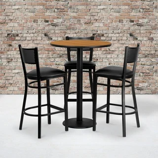 30-inch Round Natural Laminate Table Set with 3 Grid Back Metal Bar Stools