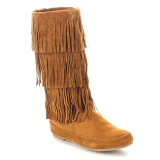Bamboo Circus-06 Women's Moccasin Three Layer Fringe Under Knee High Trendy Boot