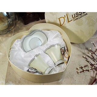 D'Lusso Designs Silver Border Design 4 Piece Espresso Set In Heart Box
