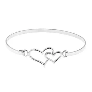 Double Heart One Love .925 Sterling Silver Bangle Bracelet (Thailand)