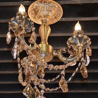 French Palace 3-light Antique Bronze Finish with French Pendalogue Golden Teak Crystal Semi-flush Chandelier