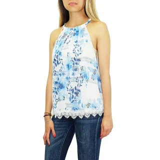 Relished Women's Contemporary Blue Watercolor Floral Chiffon Top