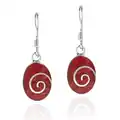 Red Coral Oval Disc .925 Sterling Silver Dangle Earrings (Thailand)