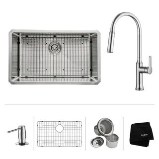 KRAUS 30 Inch Undermount Single Bowl Stainless Steel Kitchen Sink with Nola Pull Down Kitchen Faucet and Soap Dispenser