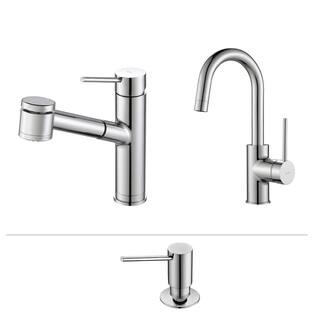 KRAUS Oletto Single-Handle Pull-Out Kitchen Faucet and Bar Faucet with Soap Dispenser in Stainless Steel