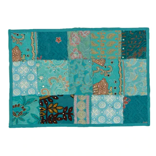 Timbuktu Hand Crafted Turquoise Cotton and Poly Recyled Sari Placemats (Set of 4)