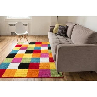 Woven Bright Geometric Square Multi, Red, Orange, Yellow, Blue, Green, and Pink Color Block Modern Contemporary Rug (5' x 7')