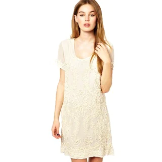 French Connection Nanette Ivory Beaded Cotton Short Sleeve Tunic Dress
