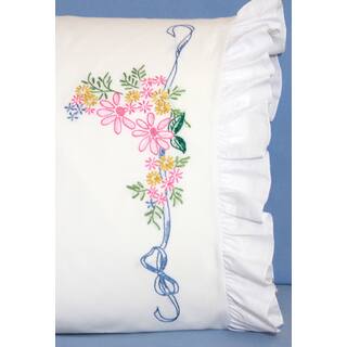 Stamped Ruffled Edge Pillowcases 30inX20in 2/PkgRibbon & Flowers