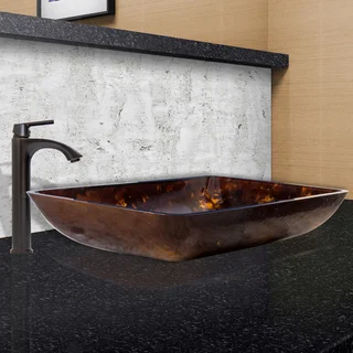 VIGO Rectangular Brown and Gold Fusion Glass Vessel Sink and Linus Faucet Set in Antique Rubbed Bronze Finish