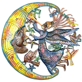 24-Inch Painted Angel and Moon Metal Wall Art (Haiti)