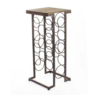 Adeco Black Iron and Walnut-Color Wood Tall Rectangular Wine Rack End Table, Holds 11 Regular-Size Wine Bottles