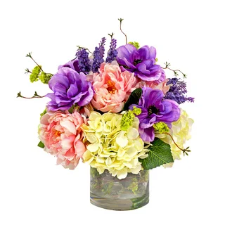 Colorful Anemone, Hydrangea, & Peony Arrangement In Acrylic Water Filled Vase