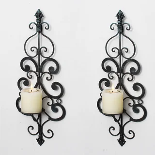Adeco Decorative Iron Vertical Wall Hanging Pillar Candle Holder (Set of 2)