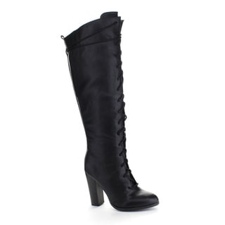 QUPID REBORN-20 Women's Almond Toe Lace Up Chunky Heel Combat Knee High Boots