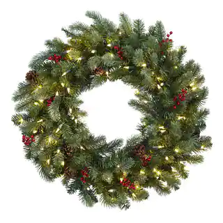 30-inch Lighted Pine Wreath w/Berries & Pine Cones