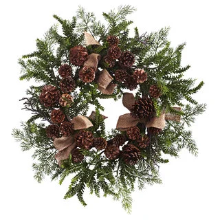 24-inch Pine & Pine Cone Wreath w/Burlap Bows