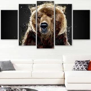 Design Art 'Brown Bear - Black' Canvas Art Print - 60Wx32H Inches - 5 Panels