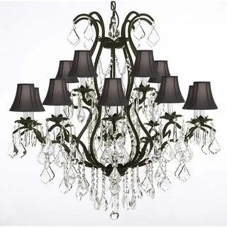 Wrought Iron and Crystal 15 Light Chandelier with Shades