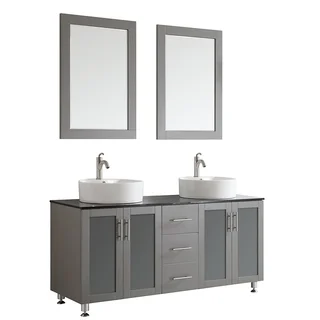 Vinnova Tuscany 60-inch Grey Double Vanity with White Vessel Sink with Glass Countertop with Mirror