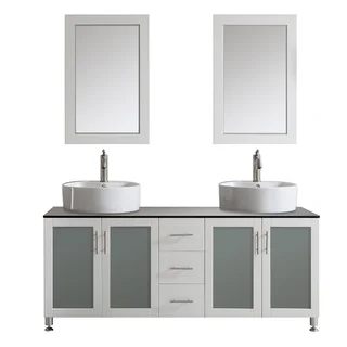 Vinnova Tuscany 72-inch White Double Vanity with White Vessel Sink with Glass Countertop, and Mirror