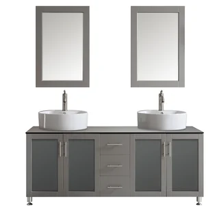 Vinnova Tuscany 72-inch Grey Double Vanity with White Vessel Sink with Glass Countertop with Mirror