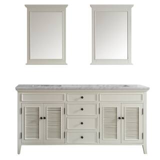 Vinnova Piedmont 72-inch Antique White Double Vanity with Carrera White Marble Top, and Mirror