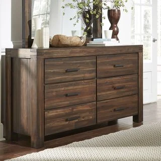 Wire Brushed Six Drawer Solid Wood Dresser in Brick Brown