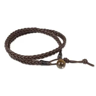 Double Chocolate Rich Supple Brown Leather Hand Braided with Tiger's Eye Adjustable Closure Mens Wristband Bracelet (Thailand)