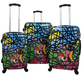Chariot Cat Stained Glass Art 3-piece Hardside Lightweight Upright Spinner Luggage Set