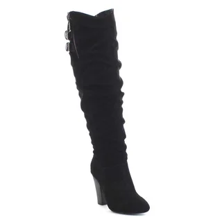 QUPID MADGE-31 Women's Almond Toe Elastic Slouchy Chunky Heel Knee High Boots