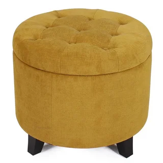 Adeco Microfiber Flannelette Fabric Cushion Round Button Tufted Lift Top Storage Ottoman 19 - 20-inch Footstool