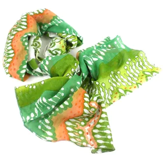 Handmade White, Peach and Green Ikat Design Cotton Scarf (India)