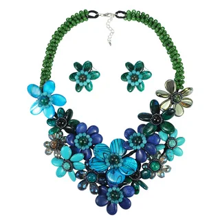 Vibrant Blue Array Floral Bouquet Necklace Earrings Jewelry Set (Thailand)