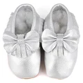 Augusta Baby Soft Sole Silver Leather Fringe with Bow Baby Shoes