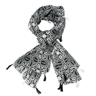 Handmade Black and White Symmetry Scarf with Tassels (India)