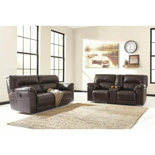 Signature Design by Ashley Barrettsville Durablend Chocolate Double Recliner Powered Loveseat with C