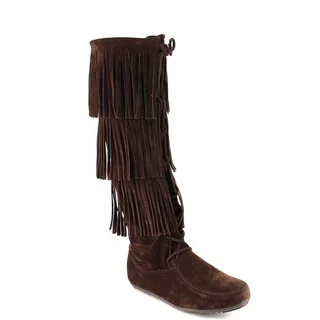 FOREVER FEW2 Women's Stylish Three Layers Fringe Knee High Moccasin Boots