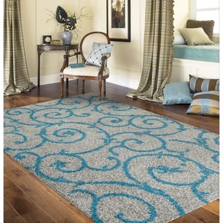 Soft Cozy Contemporary Scroll Turquoise Grey Indoor Shag Area Rug (7'10 x 10')