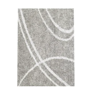 Soft Cozy Contemporary Stripe Light Grey White Indoor Shag Area Rug (5'3 x 7'3)