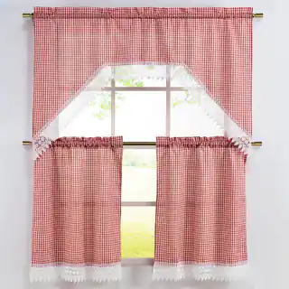 Classic Gingham Check 3-piece Embroidered Swag Valance and Tiers with White Lace Trim Kitchen Curtain Set