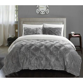 Chic Home Chiara Pinch Pleated Ruffled and Pintuck Sherpa Lined Grey 7-piece Bed In a Bag Set