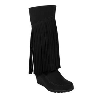 Mark and Maddux Bernice-02 Fringe Moccasin Wedge Women's Mid-calf Boots