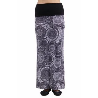 24/7 Comfort Apparel Women's Blackandwhite Oriental Printed Fold Over Maxi Skirt