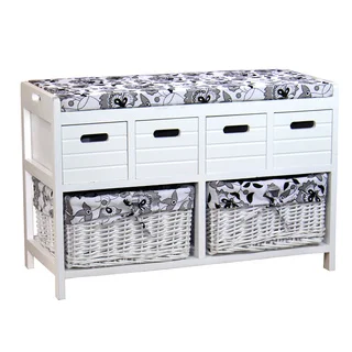 Storage Bench with Four Drawers and Two Wicker Baskets