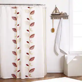 Embroidered Ivory Linen Leaf Shower Curtain and Hooks Set or Separates