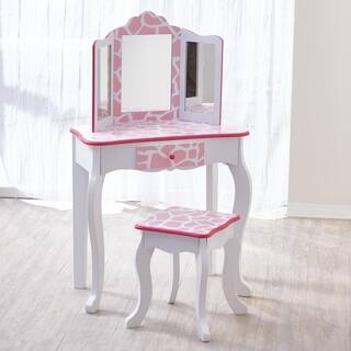 Teamson Kids -Fashion Prints Vanity & Stool Set with Mirror - Giraffe (Baby Pink / White)