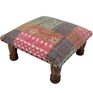 Herat Oriental Indo Handmade Printed-Cotton Upholstered Wooden Footstool