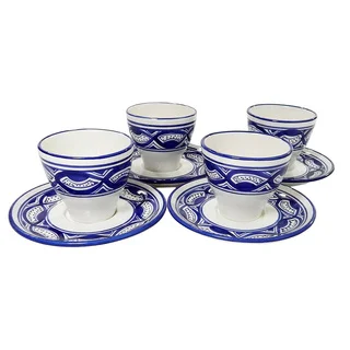 Le Souk Ceramique Set of 4 Qamara Design Tea/ Espresso Cup and Saucers (Tunisia)